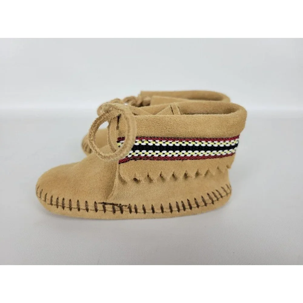 Minnetonka Moccasins 1101‎ - Infants Braid on Cuff Bootie Tan Suede Leather sz 5